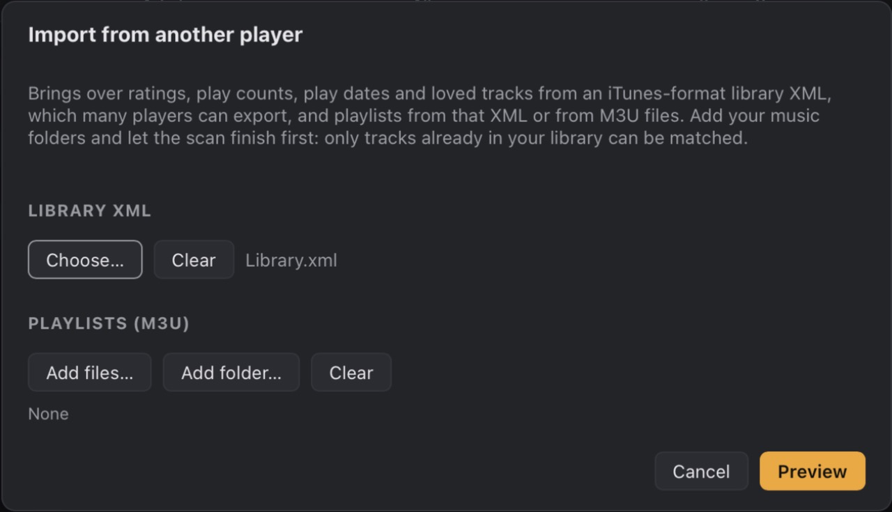Honeycomb’s Import from another player dialog with Library.xml chosen, and buttons to add M3U playlist files or a folder