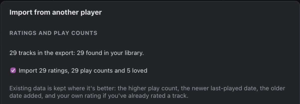 The import preview: 29 tracks in the export, 29 found in your library, with 29 ratings, 29 play counts and 5 loved ready to import