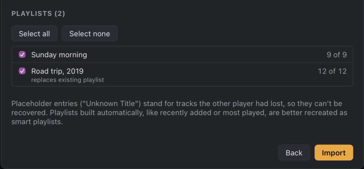 The import preview’s playlist list: Sunday morning, 9 of 9 tracks found, and Road trip, 2019, 12 of 12, replacing the existing playlist