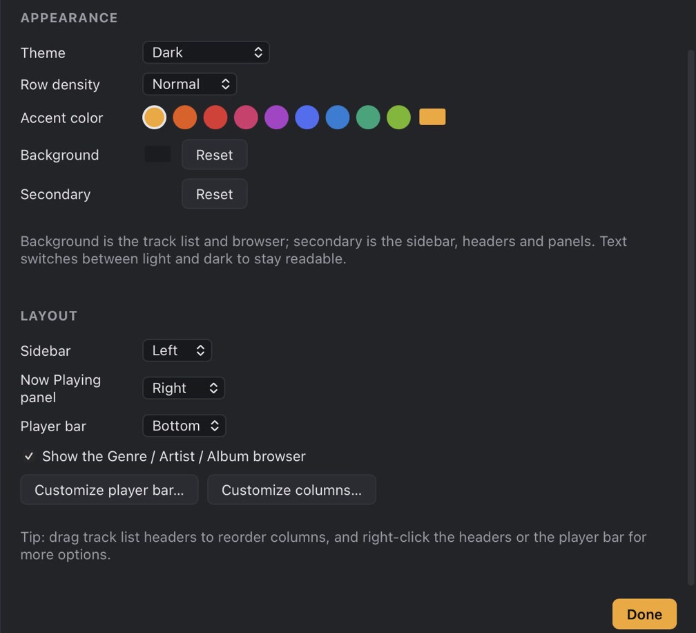 Honeycomb’s Appearance and Layout settings: theme, row density, nine accent colours and a custom one, background and secondary colours, and where the sidebar, Now Playing panel and player bar sit