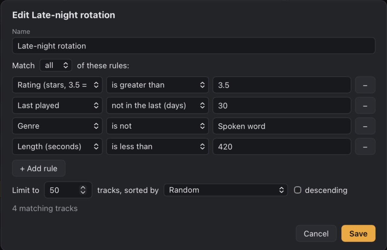 Honeycomb’s smart playlist editor for Late-night rotation: rating greater than 3.5, last played not in the last 30 days, genre is not Spoken word, length under 420 seconds, limited to 50 tracks in random order