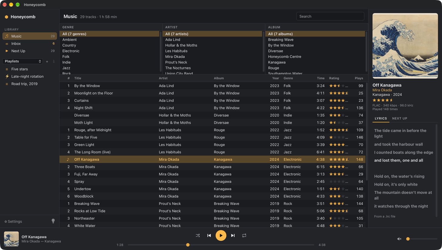 Honeycomb’s window: the sidebar, the column browser, the track list with Off Kanagawa playing, and the Now Playing panel with synced lyrics